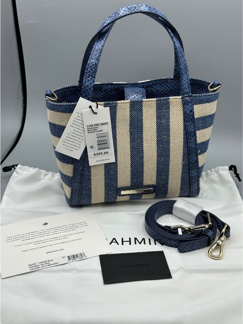 Brahmin Small Mona Blue Playa Stripe Canvas Snake Embossed Leather Trim Tote NEW